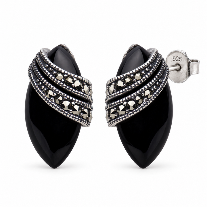 Marquise Black Onyx and Genuine Marcasite Stud Earrings in Rhodium-Plated Sterling Silver – 14.9 mm