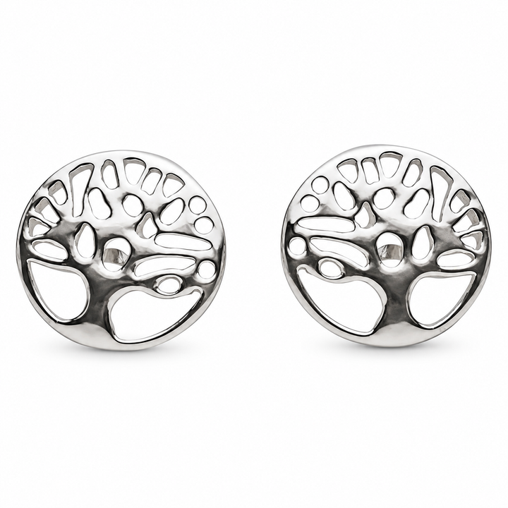 8 mm Sterling Silver Tree of Life Stud Earrings – Round 925 Silver High-Polish Post Earrings
