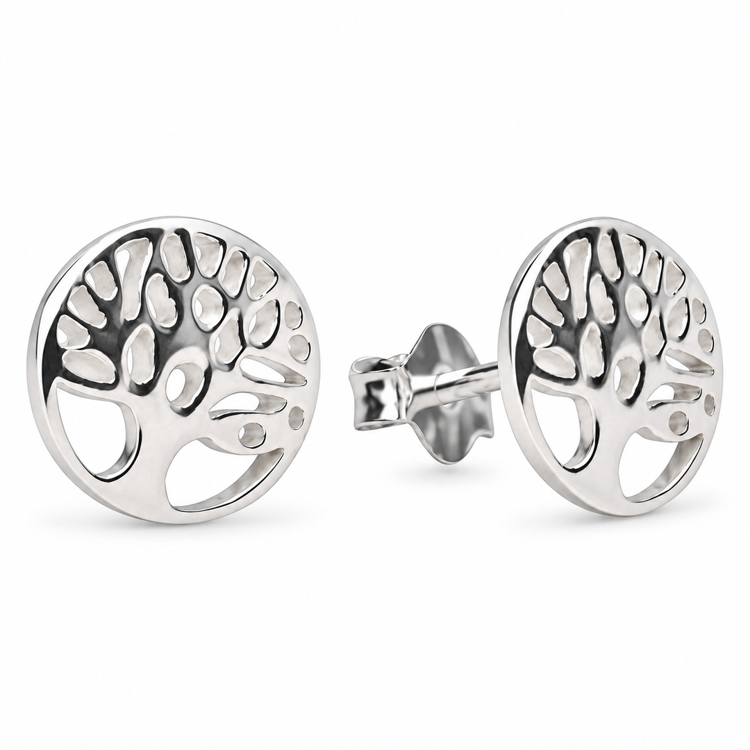 8 mm Sterling Silver Tree of Life Stud Earrings – Round 925 Silver High-Polish Post Earrings