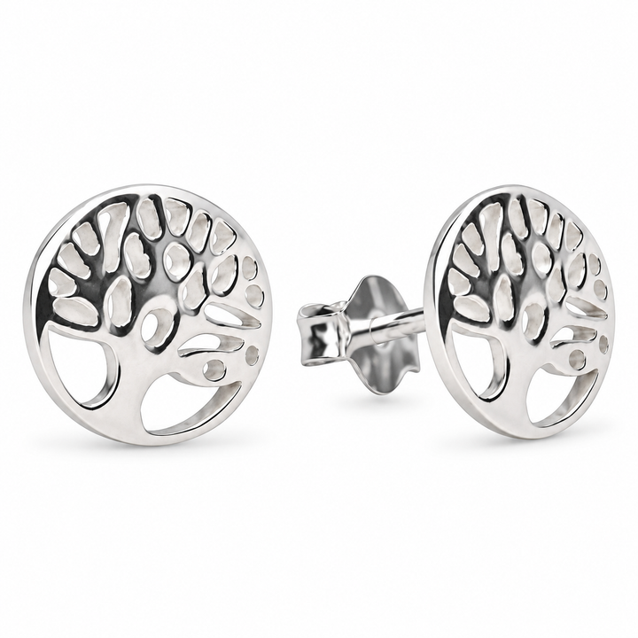 8 mm Sterling Silver Tree of Life Stud Earrings – Round 925 Silver High-Polish Post Earrings