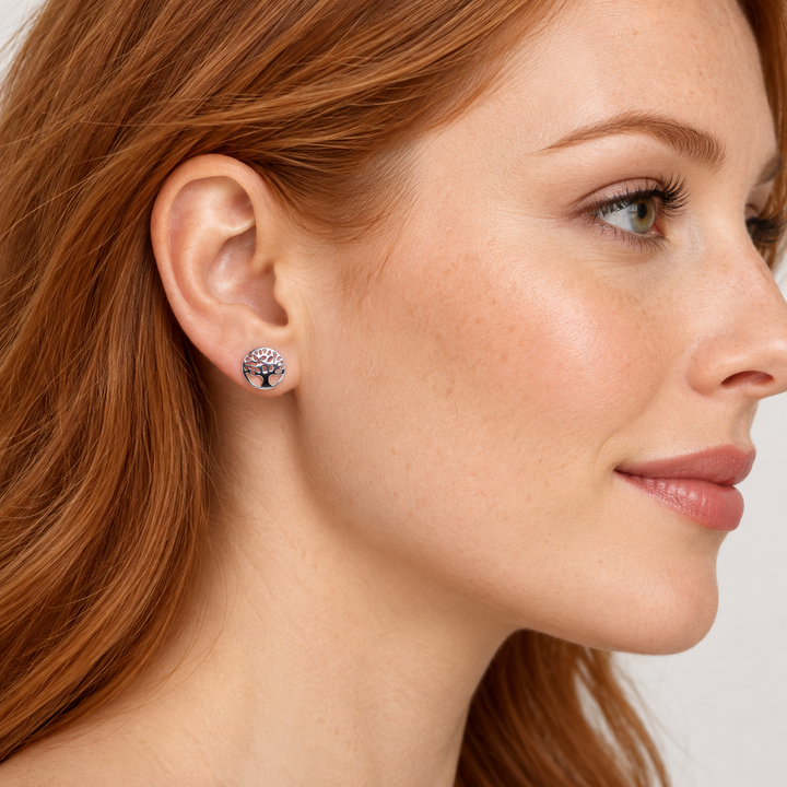8 mm Sterling Silver Tree of Life Stud Earrings – Round 925 Silver High-Polish Post Earrings