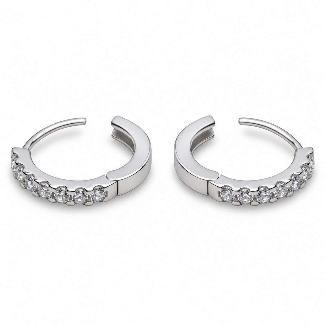 14 mm Sterling Silver Cubic Zirconia Hoop Earrings – Rhodium-Plated Hinged CZ Huggie Hoops