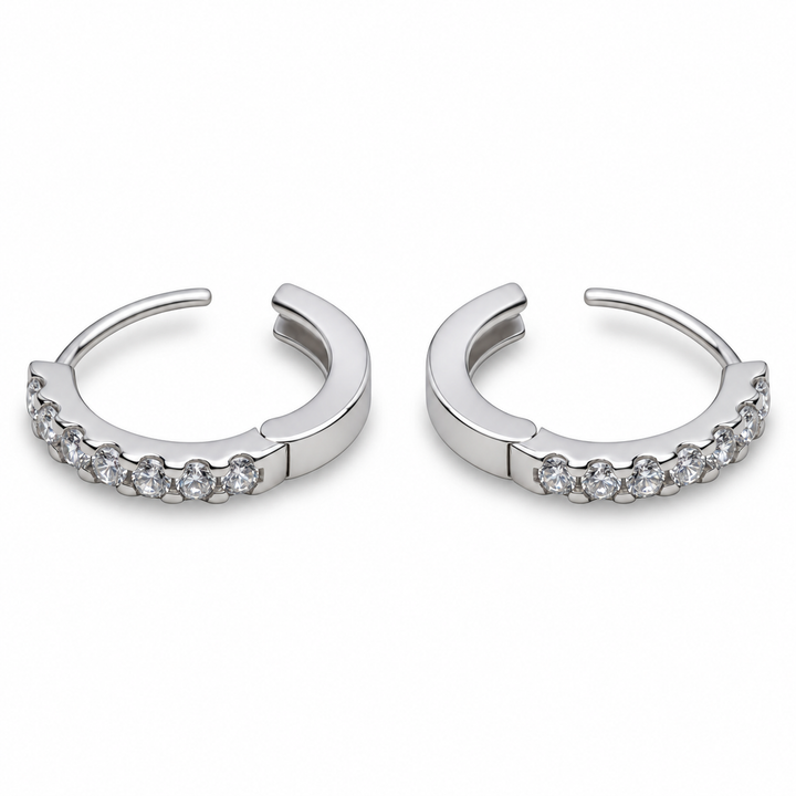 14 mm Sterling Silver Cubic Zirconia Hoop Earrings – Rhodium-Plated Hinged CZ Huggie Hoops