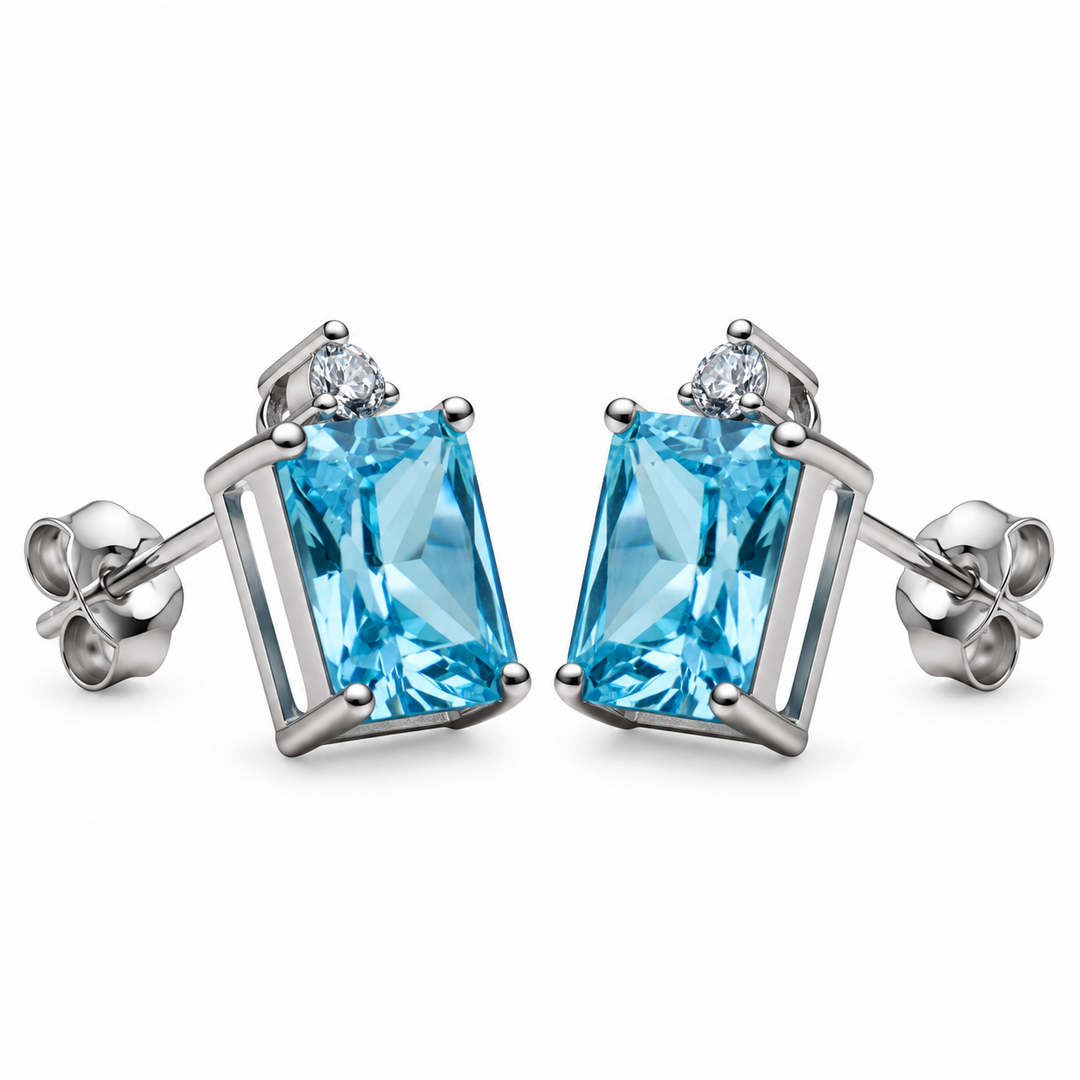Synthetic Blue Topaz and Cubic Zirconia Rectangular Stud Earrings in Rhodium-Plated Sterling Silver – 11.75 mm
