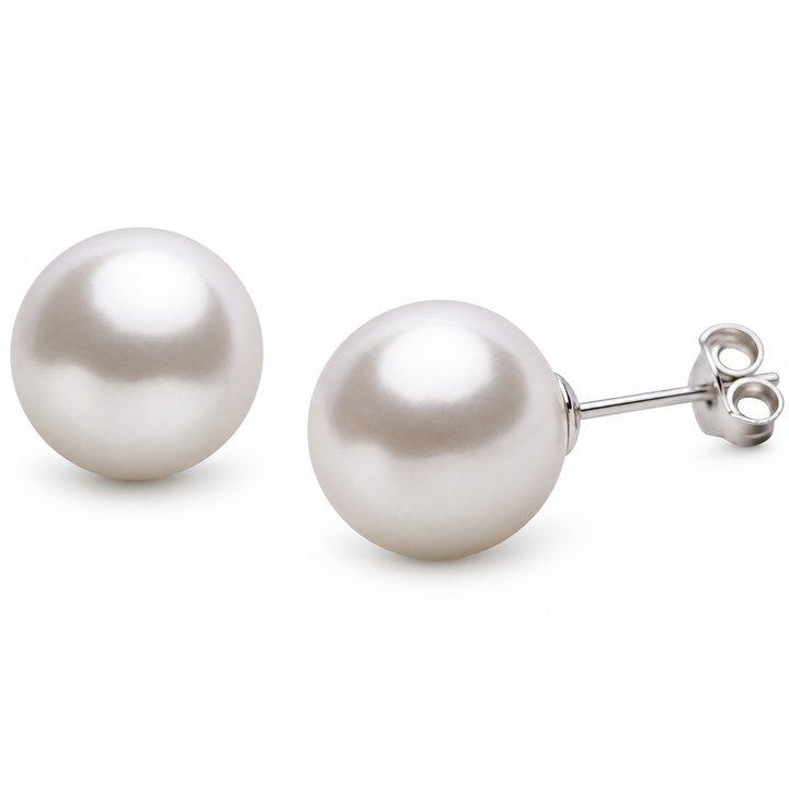 12 mm White Created Pearl Stud Earrings in Rhodium-Plated 925 Sterling Silver – Classic Large Pearl Earrings