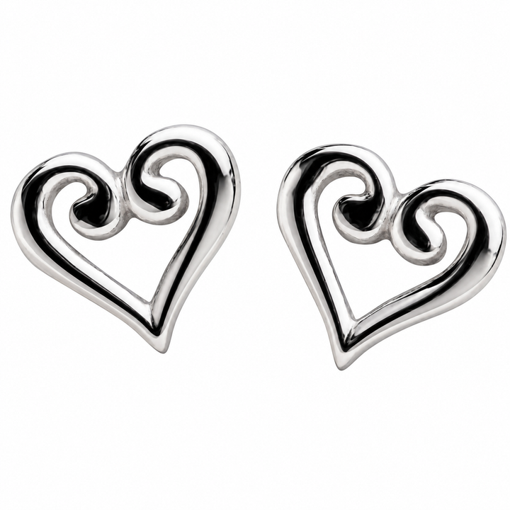 925 Sterling Silver Scroll Heart Stud Earrings – High-Polish Open Heart Post Earrings – 7.8 mm