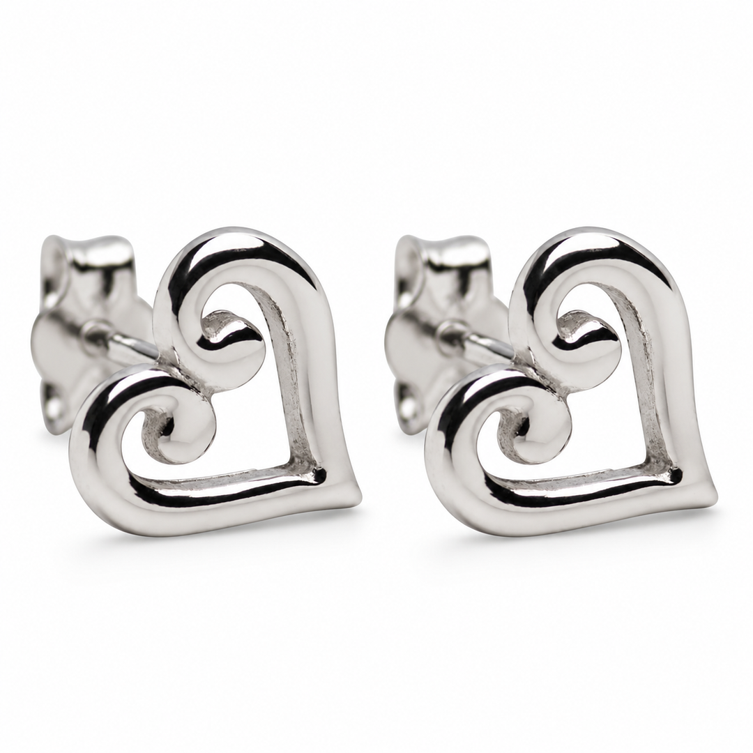 925 Sterling Silver Scroll Heart Stud Earrings – High-Polish Open Heart Post Earrings – 7.8 mm