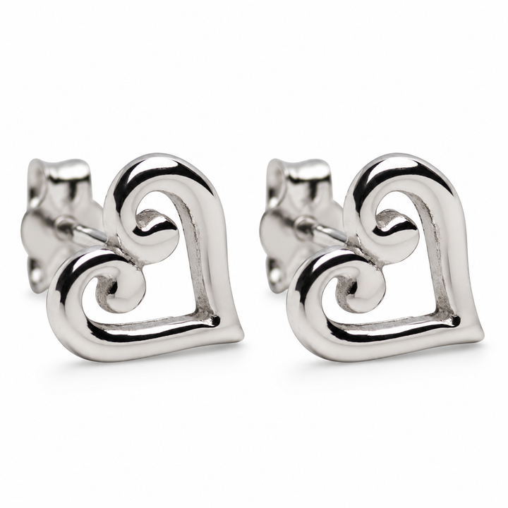 925 Sterling Silver Scroll Heart Stud Earrings – High-Polish Open Heart Post Earrings – 7.8 mm
