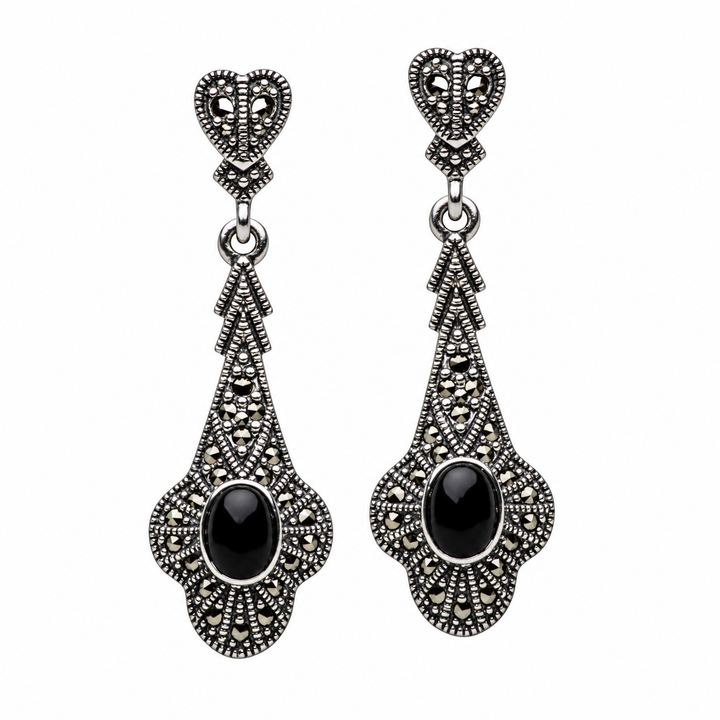 Antique-Style Black Onyx and Marcasite Dangle Earrings in Rhodium-Plated 925 Sterling Silver – 44.7 mm