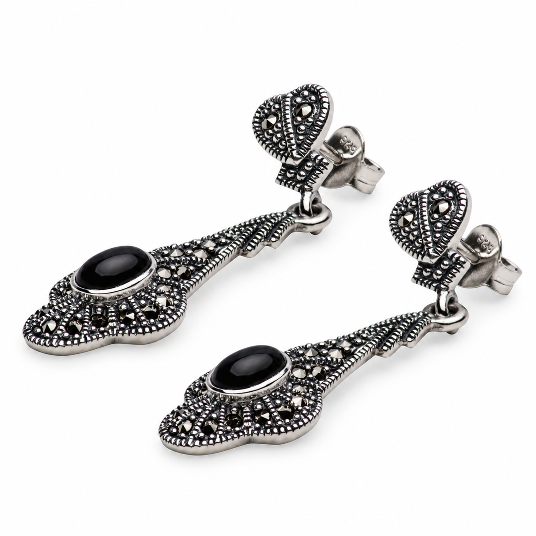 Antique-Style Black Onyx and Marcasite Dangle Earrings in Rhodium-Plated 925 Sterling Silver – 44.7 mm