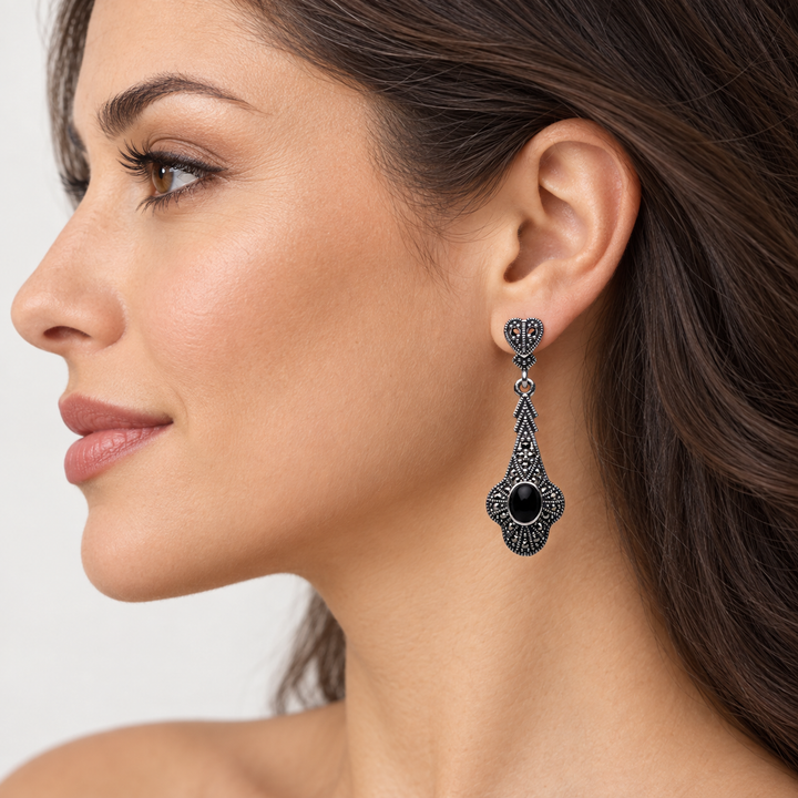 Antique-Style Black Onyx and Marcasite Dangle Earrings in Rhodium-Plated 925 Sterling Silver – 44.7 mm