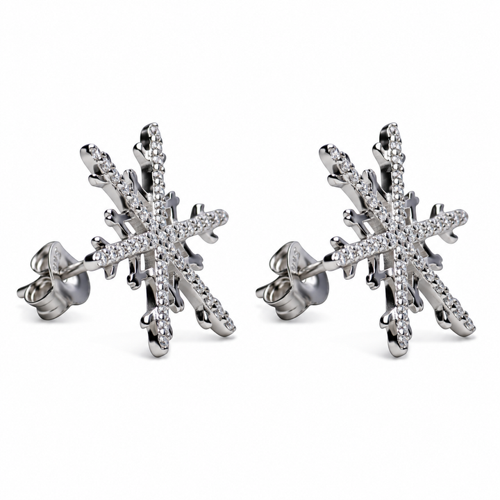 Cubic Zirconia Snowflake Stud Earrings in Rhodium-Plated 925 Sterling Silver – 86 Stones – 18 mm