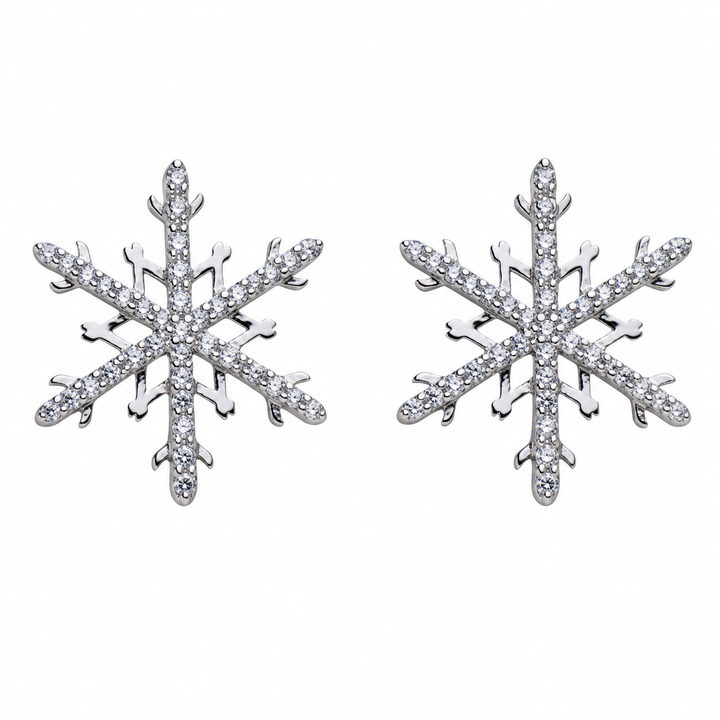 Cubic Zirconia Snowflake Stud Earrings in Rhodium-Plated 925 Sterling Silver – 86 Stones – 18 mm