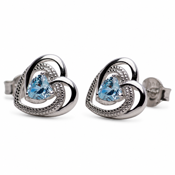 Heart-Shaped Synthetic Blue Topaz Stud Earrings in Rhodium-Plated 925 Sterling Silver – 9.8 mm