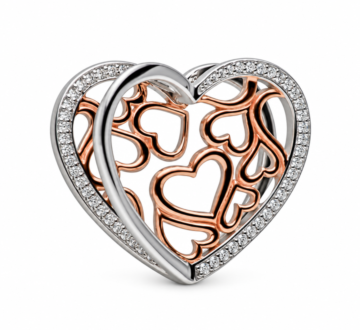 12 Rose Gold Hearts 3D Pendant with Diamond Simulants in Rhodium-Plated Sterling Silver – Two-Tone Open Heart Pendant, 0.90 x 1 Inch