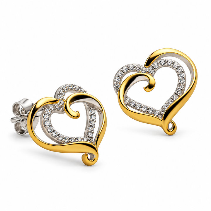 14K Yellow Gold Over Sterling Silver Interlocking Double Heart Stud Earrings with 52 Diamond Simulants – 0.50 Inch