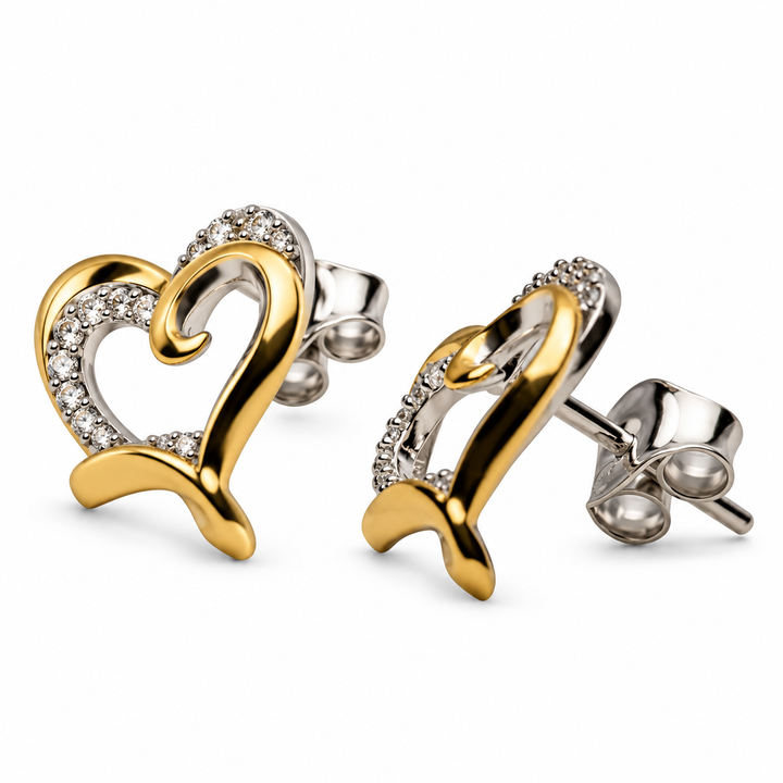 14K Yellow Gold Over Sterling Silver Interlocking Double Heart Stud Earrings with 52 Diamond Simulants – 0.50 Inch