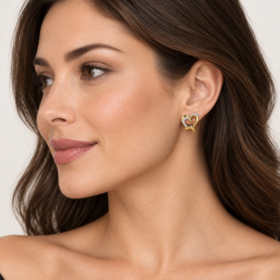 14K Yellow Gold Over Sterling Silver Interlocking Double Heart Stud Earrings with 52 Diamond Simulants – 0.50 Inch