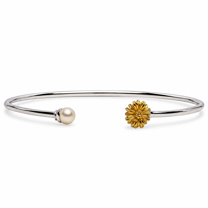 14K Yellow Gold Sunflower and White Pearl Adjustable Open Bangle Bracelet in Rhodium-Plated Sterling Silver
