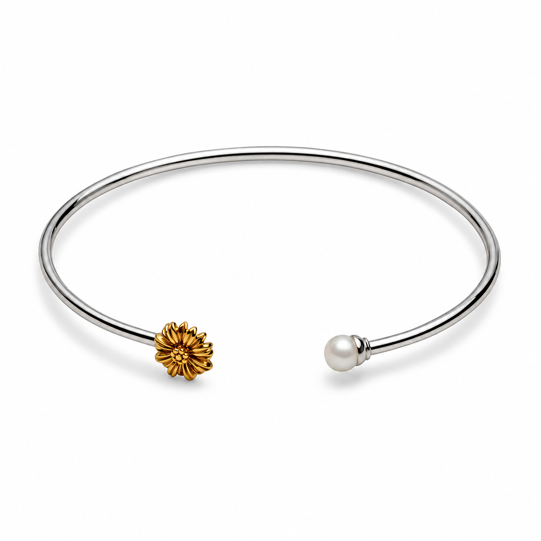 14K Yellow Gold Sunflower and White Pearl Adjustable Open Bangle Bracelet in Rhodium-Plated Sterling Silver