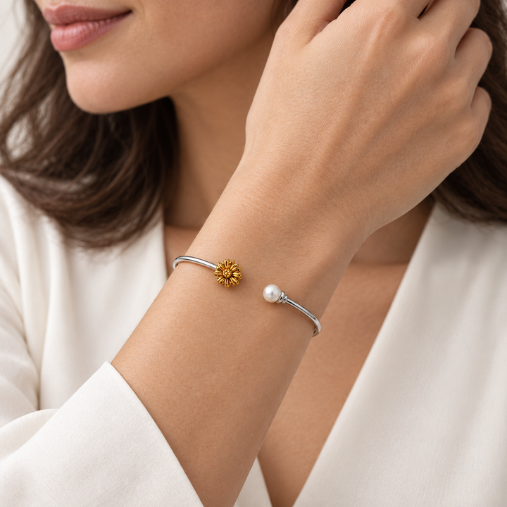 14K Yellow Gold Sunflower and White Pearl Adjustable Open Bangle Bracelet in Rhodium-Plated Sterling Silver