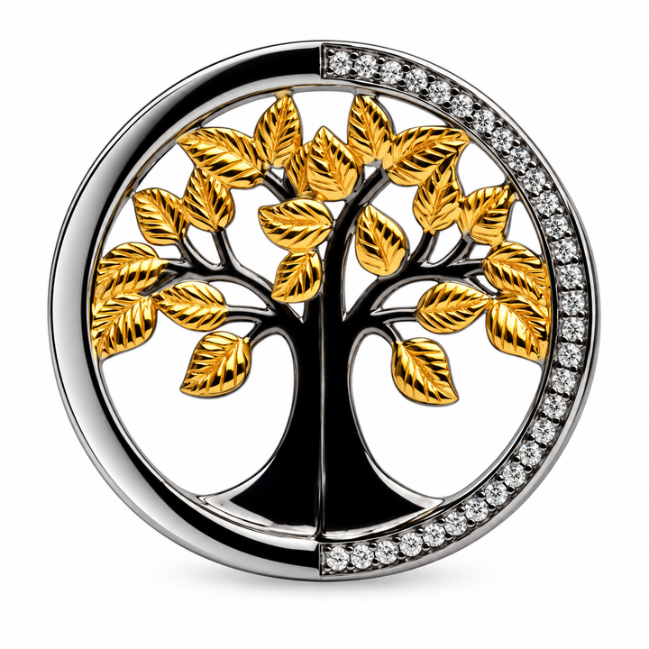 3D Tree of Life Circle Pendant Necklace with Cubic Zirconia in Black Rhodium-Plated Sterling Silver and 16-Inch Gold-Plated Chain