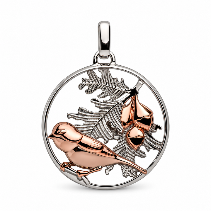 Rose Gold Bird, Oak Leaves and Acorns 3D Pendant Necklace in Rhodium-Plated Sterling Silver