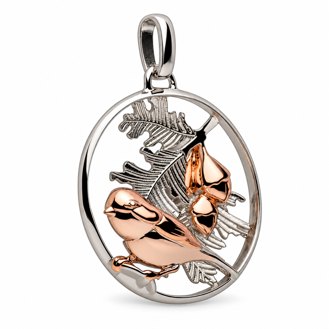 Rose Gold Bird, Oak Leaves and Acorns 3D Pendant Necklace in Rhodium-Plated Sterling Silver