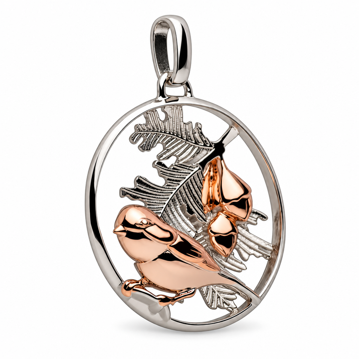 Rose Gold Bird, Oak Leaves and Acorns 3D Pendant Necklace in Rhodium-Plated Sterling Silver