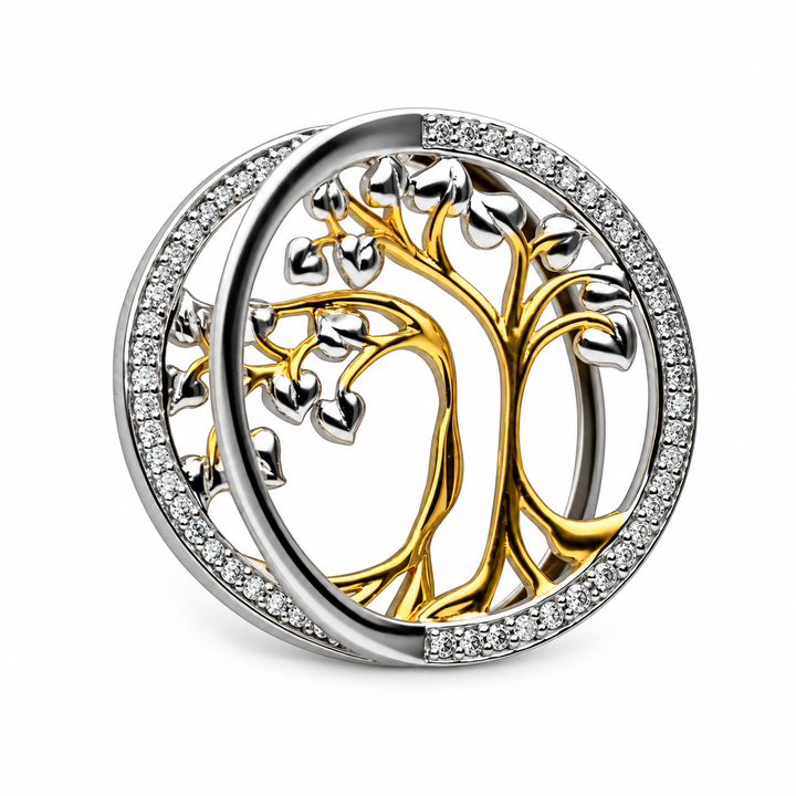 Two-Tone 14K Gold and Rhodium-Plated Sterling Silver Tree of Life Pendant with Diamond Simulants – 1 Inch