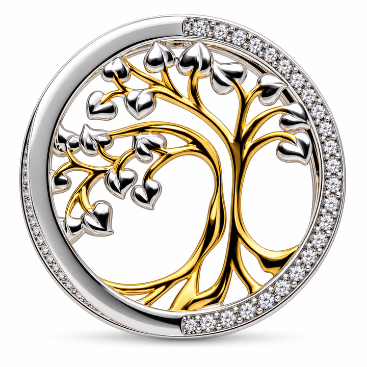 Two-Tone 14K Gold and Rhodium-Plated Sterling Silver Tree of Life Pendant with Diamond Simulants – 1 Inch