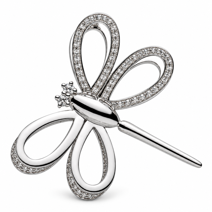 Rhodium-Plated Sterling Silver 3D Dragonfly Pendant with Diamond Simulants – 1.3 Inch