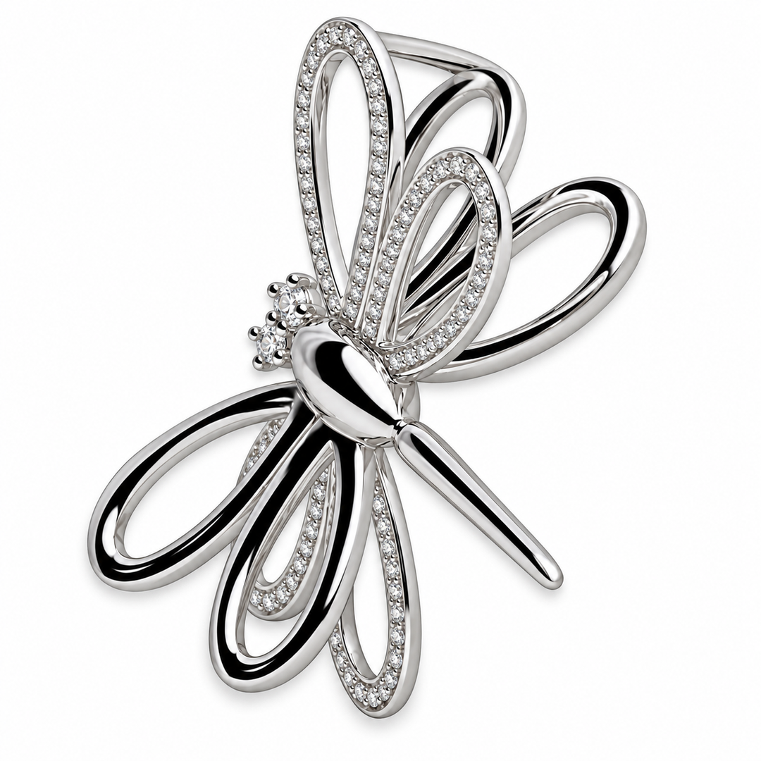 Rhodium-Plated Sterling Silver 3D Dragonfly Pendant with Diamond Simulants – 1.3 Inch