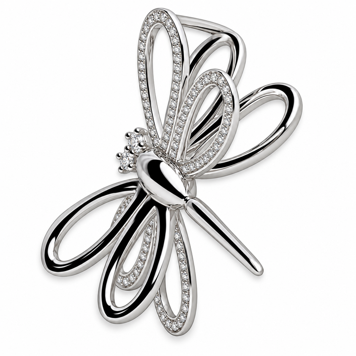 Rhodium-Plated Sterling Silver 3D Dragonfly Pendant with Diamond Simulants – 1.3 Inch