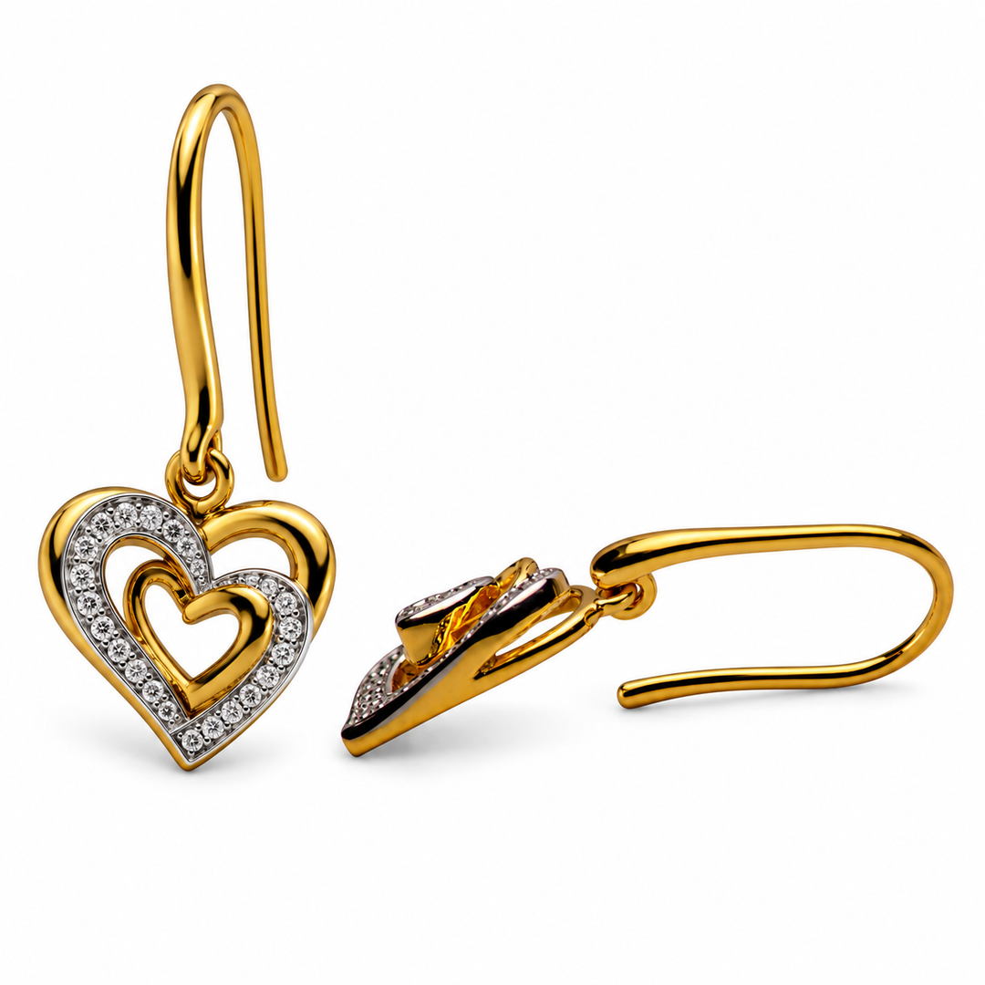 14K Yellow Gold-Plated Sterling Silver Interlocking Heart Dangle Earrings with 48 Cubic Zirconia Stones – 1.15 Inch