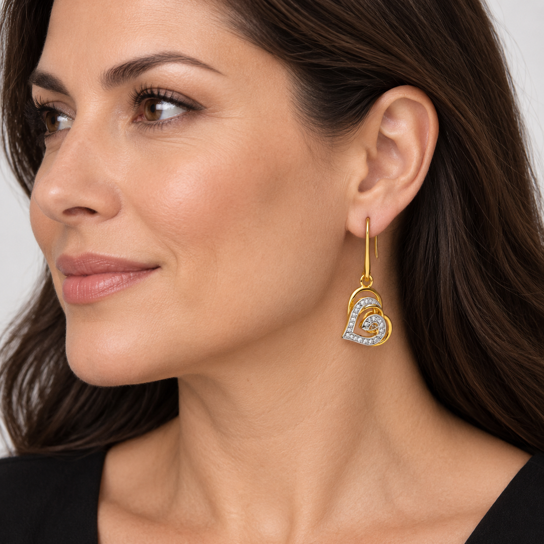 14K Yellow Gold-Plated Sterling Silver Interlocking Heart Dangle Earrings with 48 Cubic Zirconia Stones – 1.15 Inch