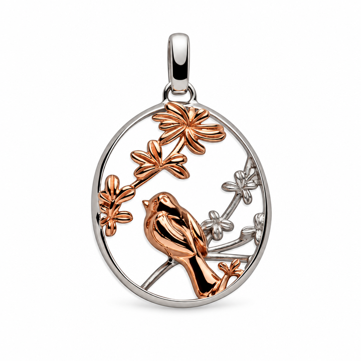 14K Rose Gold and Rhodium-Plated Sterling Silver Bird and Flower Oval Pendant – 1.5 Inch