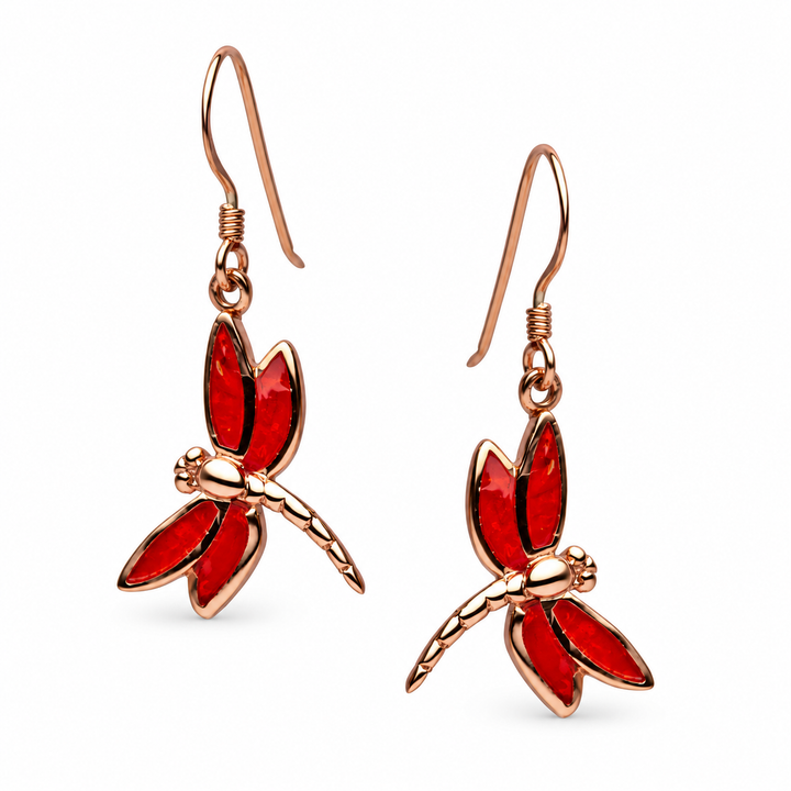 Created Red Coral Dragonfly Earrings in 14K Rose Gold-Plated Sterling Silver – 1.33-Inch Fishhook Drops