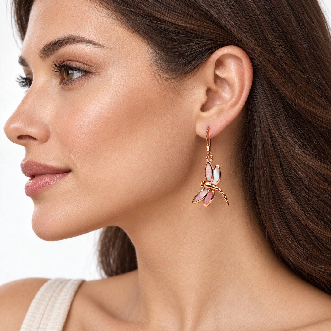 Pale Pink Mother-of-Pearl Dragonfly Drop Earrings in 14K Rose Gold-Plated Sterling Silver – 1.33-Inch Fishhook Earrings