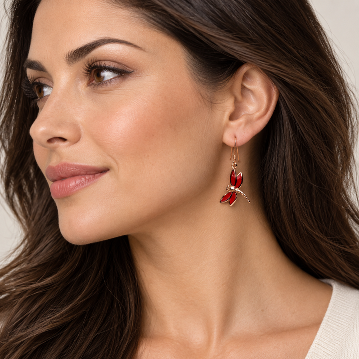 Created Red Coral Dragonfly Earrings in 14K Rose Gold-Plated Sterling Silver – 1.33-Inch Fishhook Drops