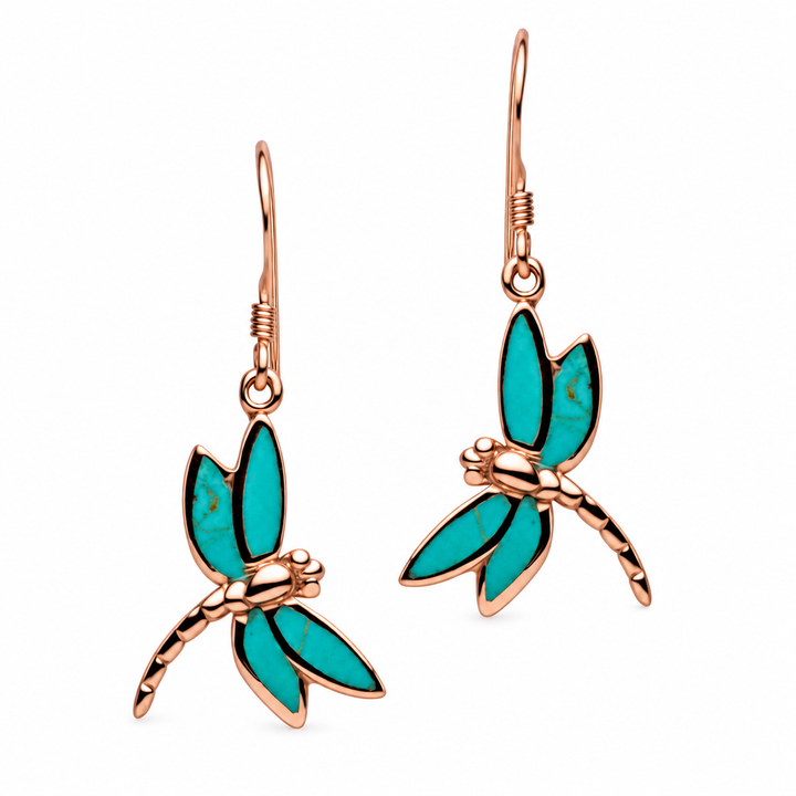 Created Green Turquoise Dragonfly Earrings in 14K Rose Gold-Plated Sterling Silver – 1.33-Inch Fishhook Dangle Earrings
