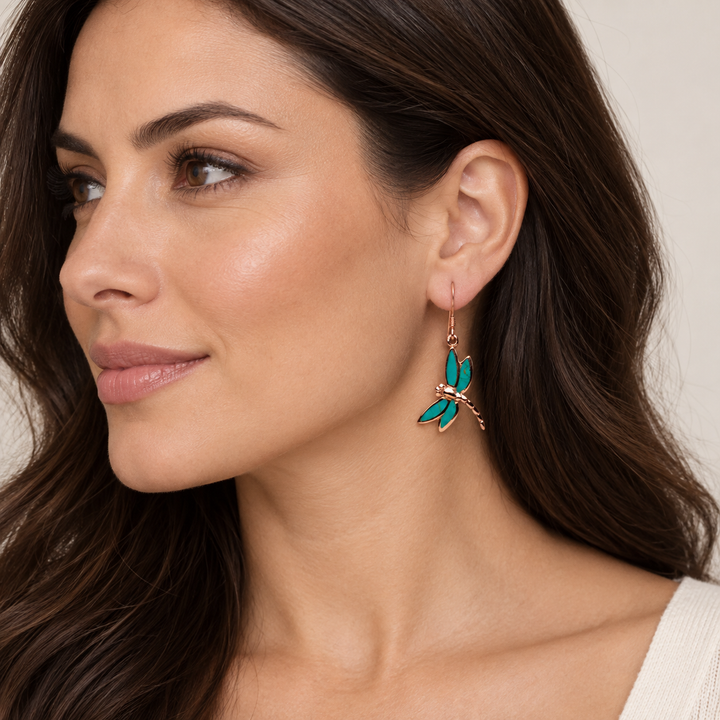 Created Green Turquoise Dragonfly Earrings in 14K Rose Gold-Plated Sterling Silver – 1.33-Inch Fishhook Dangle Earrings