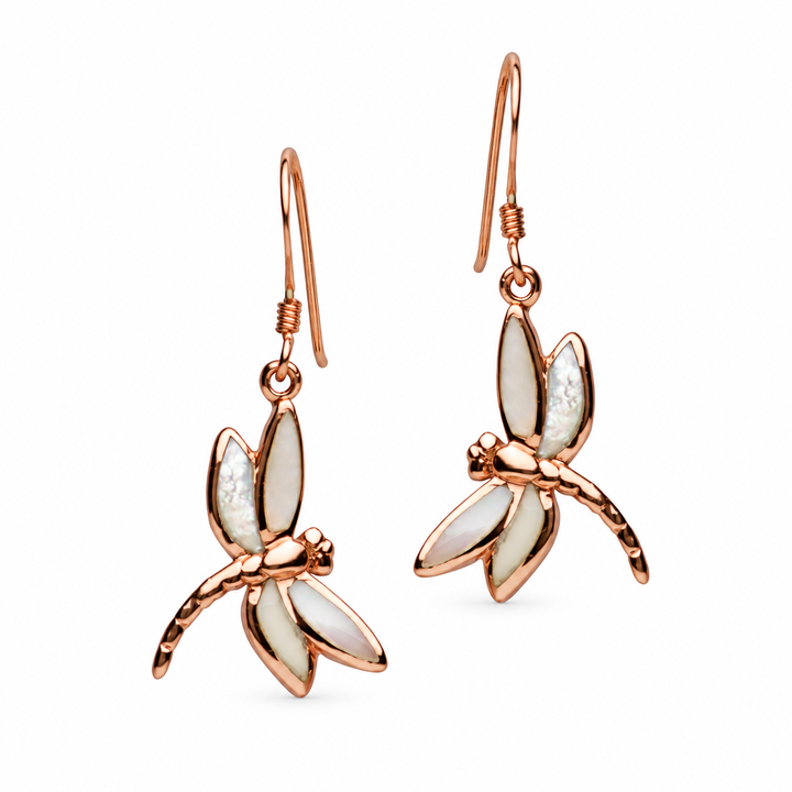 Mother-of-Pearl Dragonfly Earrings in 14K Rose Gold-Plated Sterling Silver – 1.33-Inch Fishhook Dangle Earrings