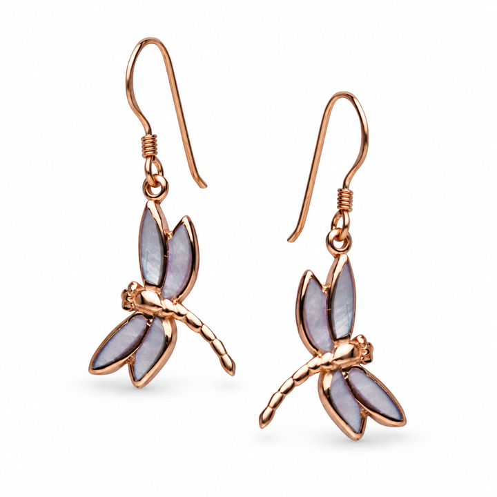 Lavender Mother-of-Pearl Dragonfly Earrings in 14K Rose Gold-Plated Sterling Silver – 1.33-Inch Fishhook Dangles