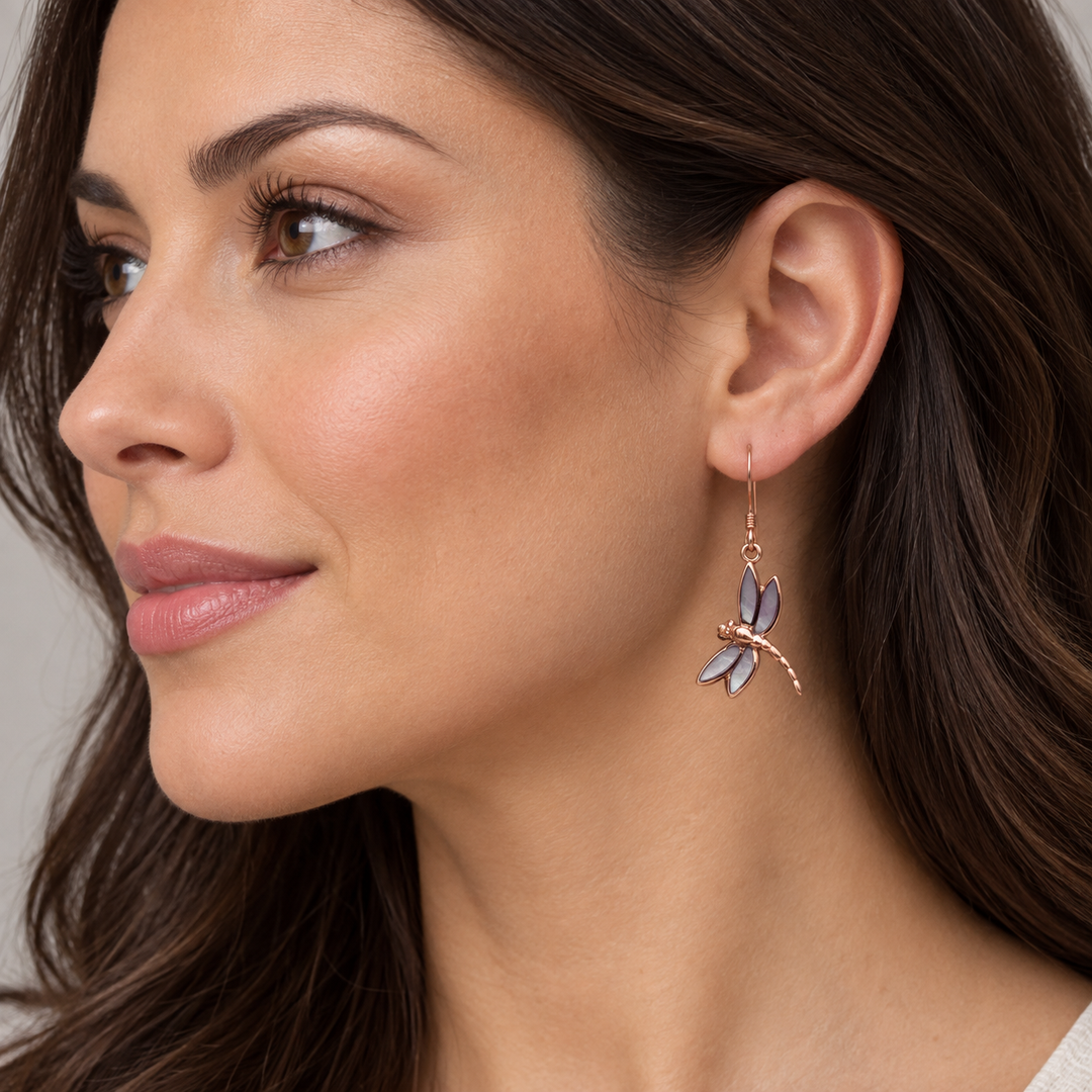 Lavender Mother-of-Pearl Dragonfly Earrings in 14K Rose Gold-Plated Sterling Silver – 1.33-Inch Fishhook Dangles