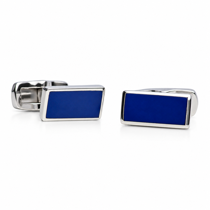 Created Blue Lapis Rectangular Cufflinks in Rhodium-Plated Sterling Silver – High-Polish Whale-Back Cuff Links