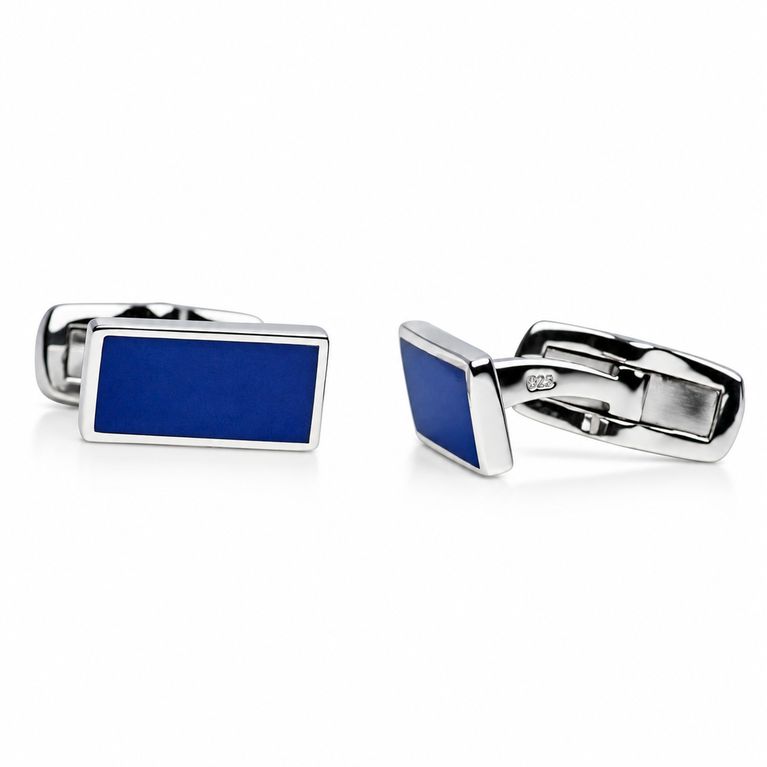 Created Blue Lapis Rectangular Cufflinks in Rhodium-Plated Sterling Silver – High-Polish Whale-Back Cuff Links