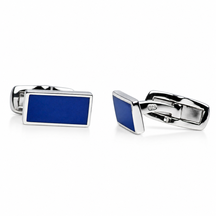 Created Blue Lapis Rectangular Cufflinks in Rhodium-Plated Sterling Silver – High-Polish Whale-Back Cuff Links