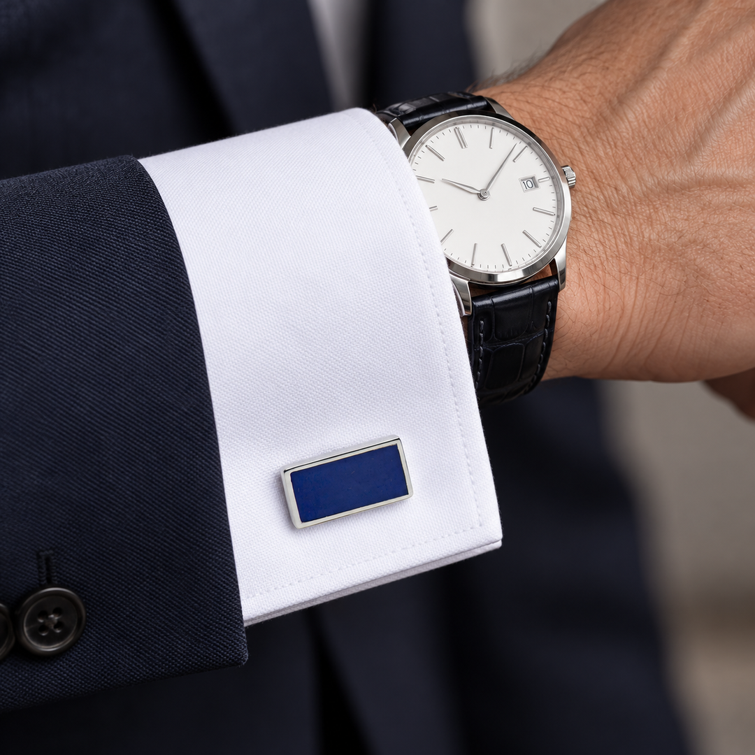 Created Blue Lapis Rectangular Cufflinks in Rhodium-Plated Sterling Silver – High-Polish Whale-Back Cuff Links