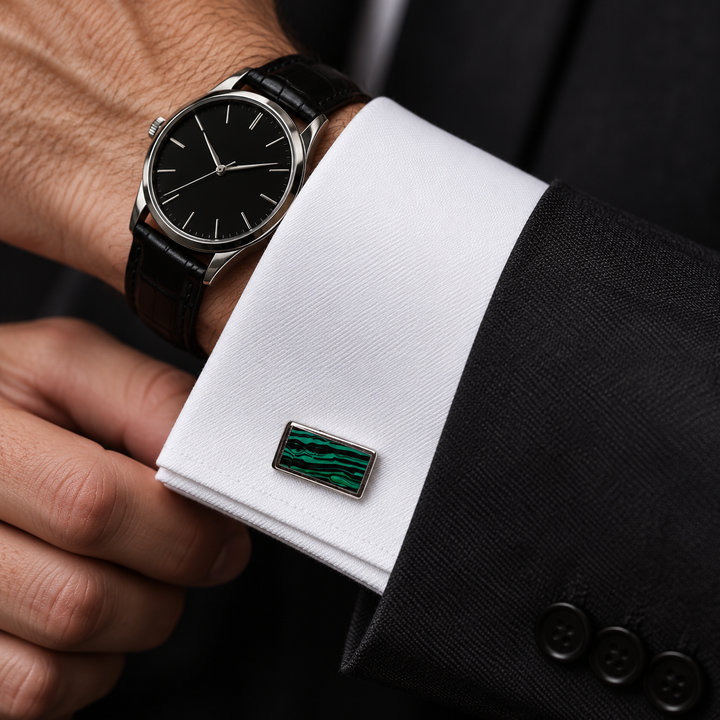 Created Green Malachite Rectangular Cufflinks in Rhodium-Plated Sterling Silver – High-Polish Whale-Back Cuff Links